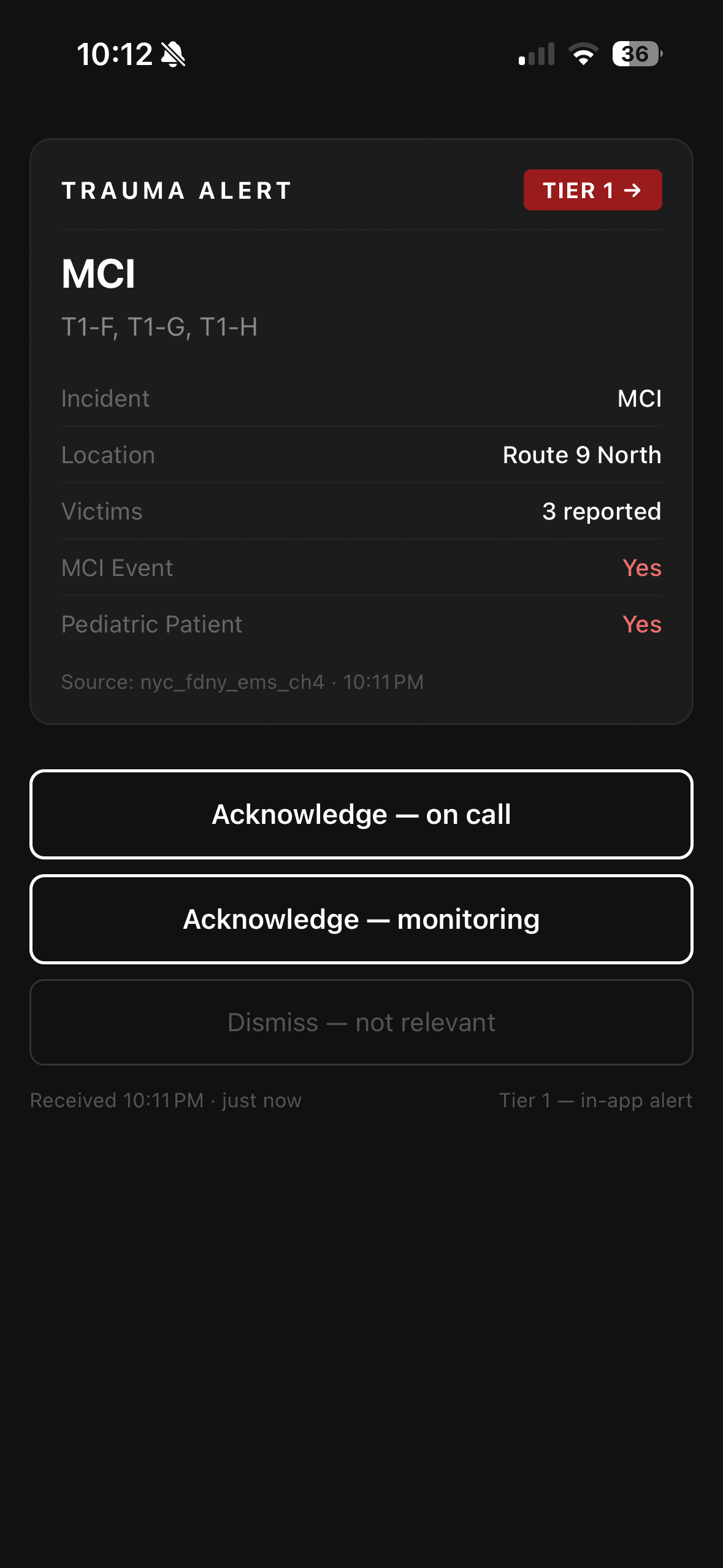 Screenshot of Trauma Alert App notification